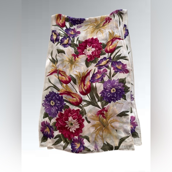 Vintage Floral Silk Scarf by Echo 58” x 16” - Picture 6 of 15